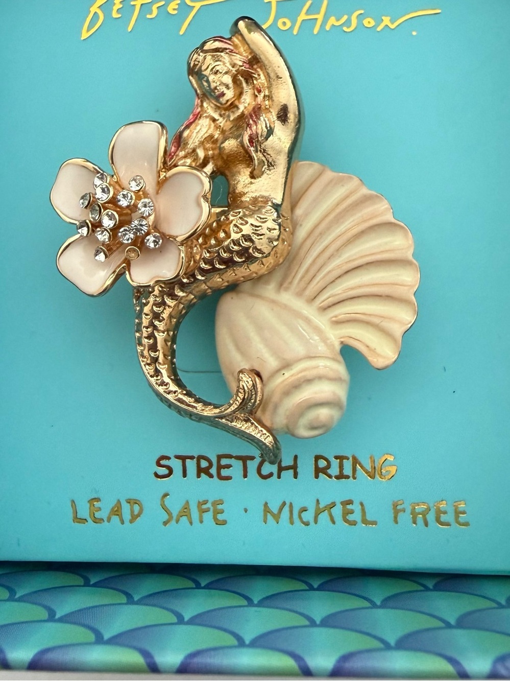 New Betsey Johnson Gold Mermaid  stretch Ring with Blush Pink Enamel Flower - Picture 4 of 7
